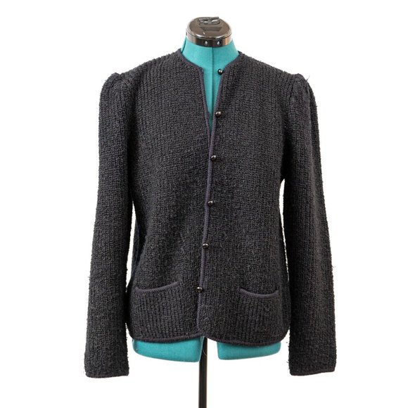 Vintage 80s Knit Cardigan Sweater Chunky Black Minimal Puff Gathered Shoulder Wo - Picture 1 of 3